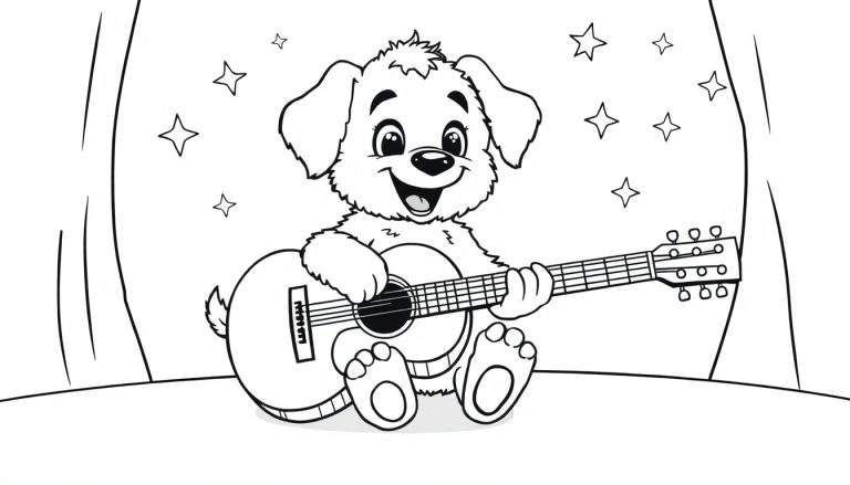 Un cachorro tierno con una sonrisa en blanco y negro tocando una guitarra gigante en un escenario estrellado, listo para ser coloreado en una placa de color.