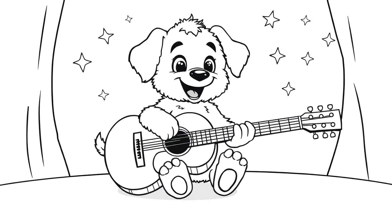 Un cachorro tierno con una sonrisa en blanco y negro tocando una guitarra gigante en un escenario estrellado, listo para ser coloreado en una placa de color.