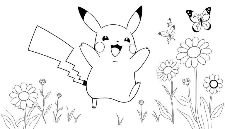 Pikachu saltando rodeado de flores y mariposas, página para colorear con placa de color.