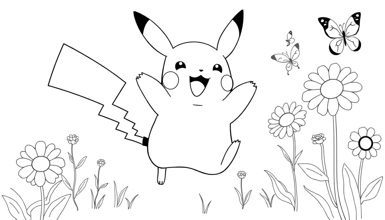 Pikachu saltando rodeado de flores y mariposas, página para colorear con placa de color.