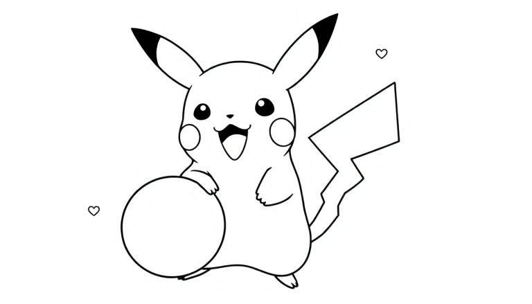 Página de colorear de Pikachu feliz sosteniendo una pelota, estilo placa de color.