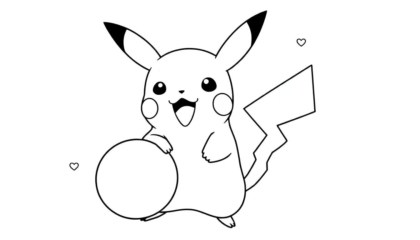 Página de colorear de Pikachu feliz sosteniendo una pelota, estilo placa de color.