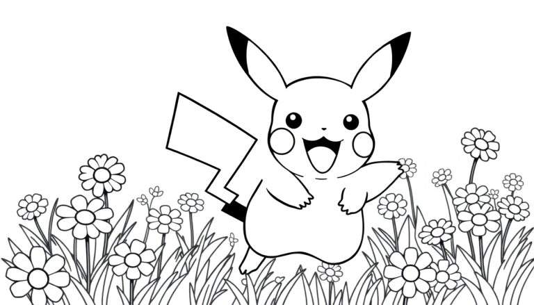 Pikachu sonriendo en un campo de flores, una placa de color lista para pintar.