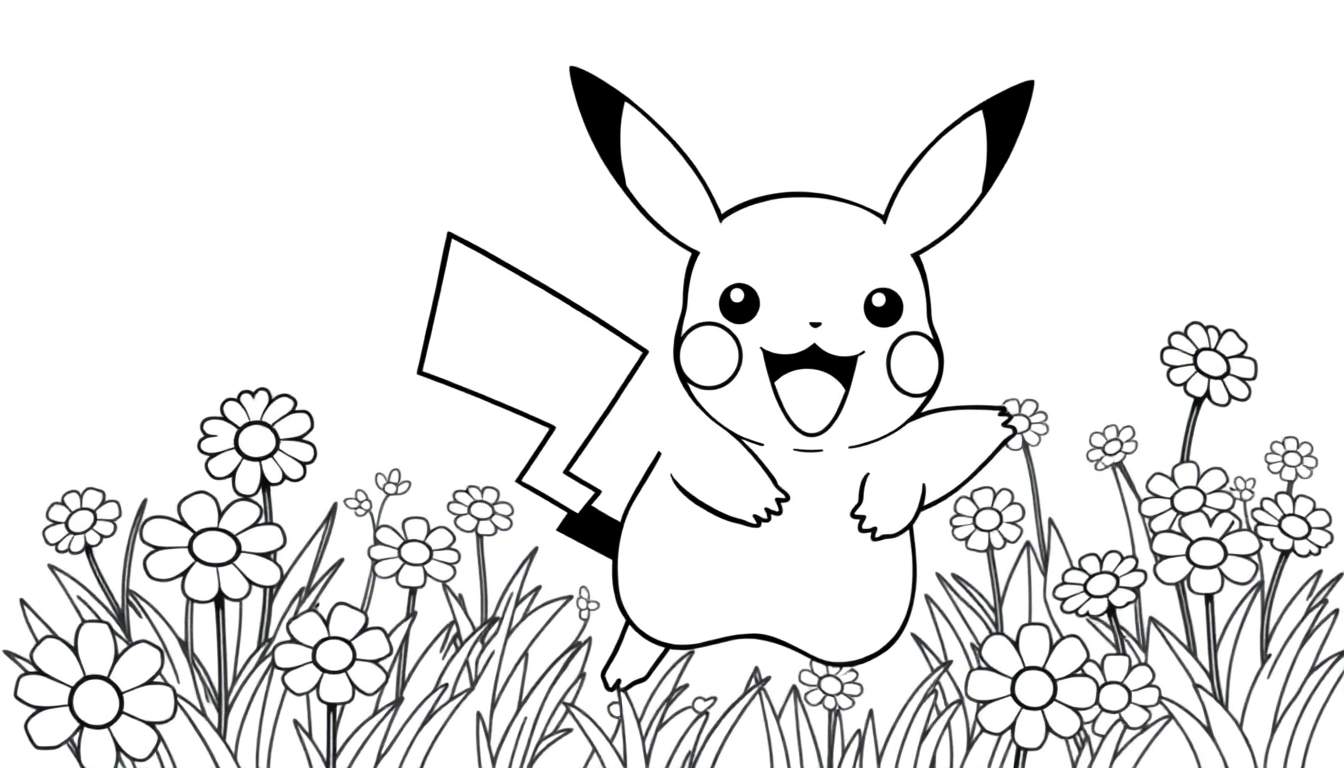 Pikachu sonriendo en un campo de flores, una placa de color lista para pintar.