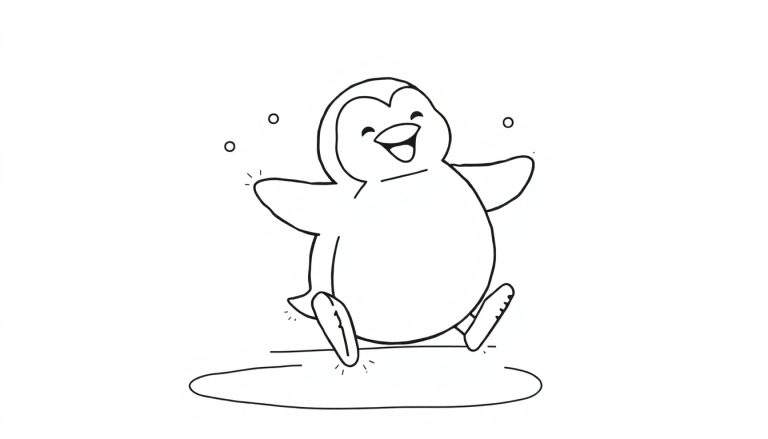 Un pingüino feliz sobre una placa de color con burbujas o copos de nieve flotando a su alrededor.