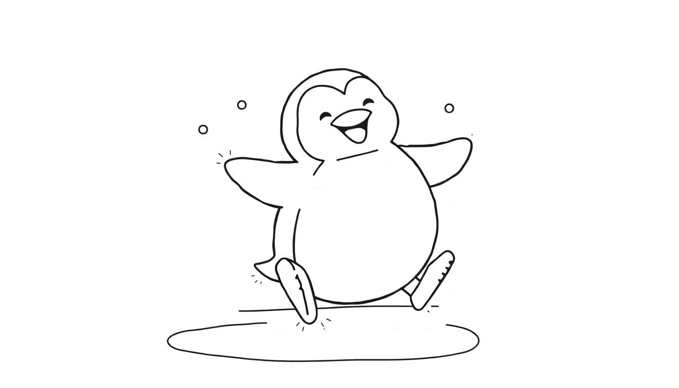 Un pingüino feliz sobre una placa de color con burbujas o copos de nieve flotando a su alrededor.