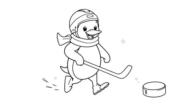 Pingüino jugando hockey sobre hielo, listo para colorear en la placa de color.