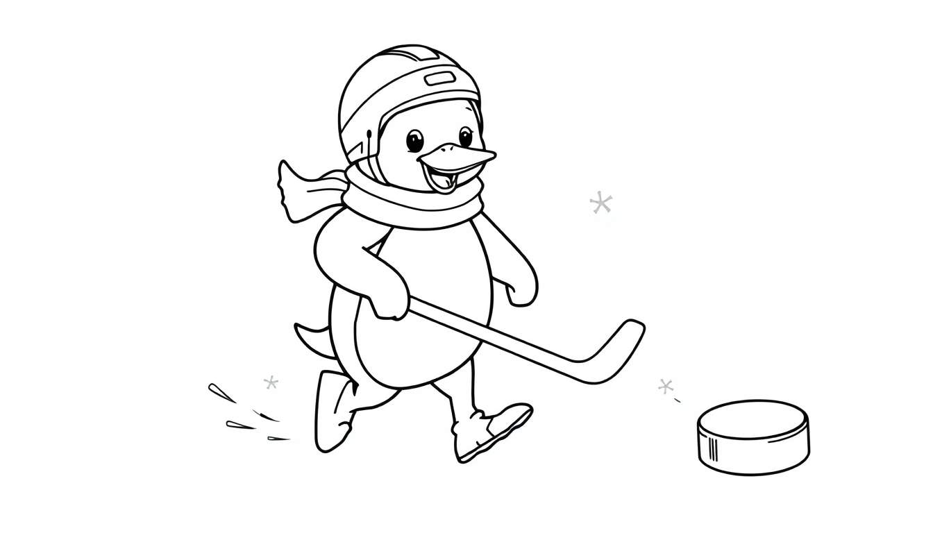 Pingüino jugando hockey sobre hielo, listo para colorear en la placa de color.
