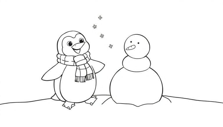 Un pingüino sonriente con bufanda a cuadros y un muñeco de nieve simple sobre un fondo blanco con copos de nieve, para colorear en la placa de color.