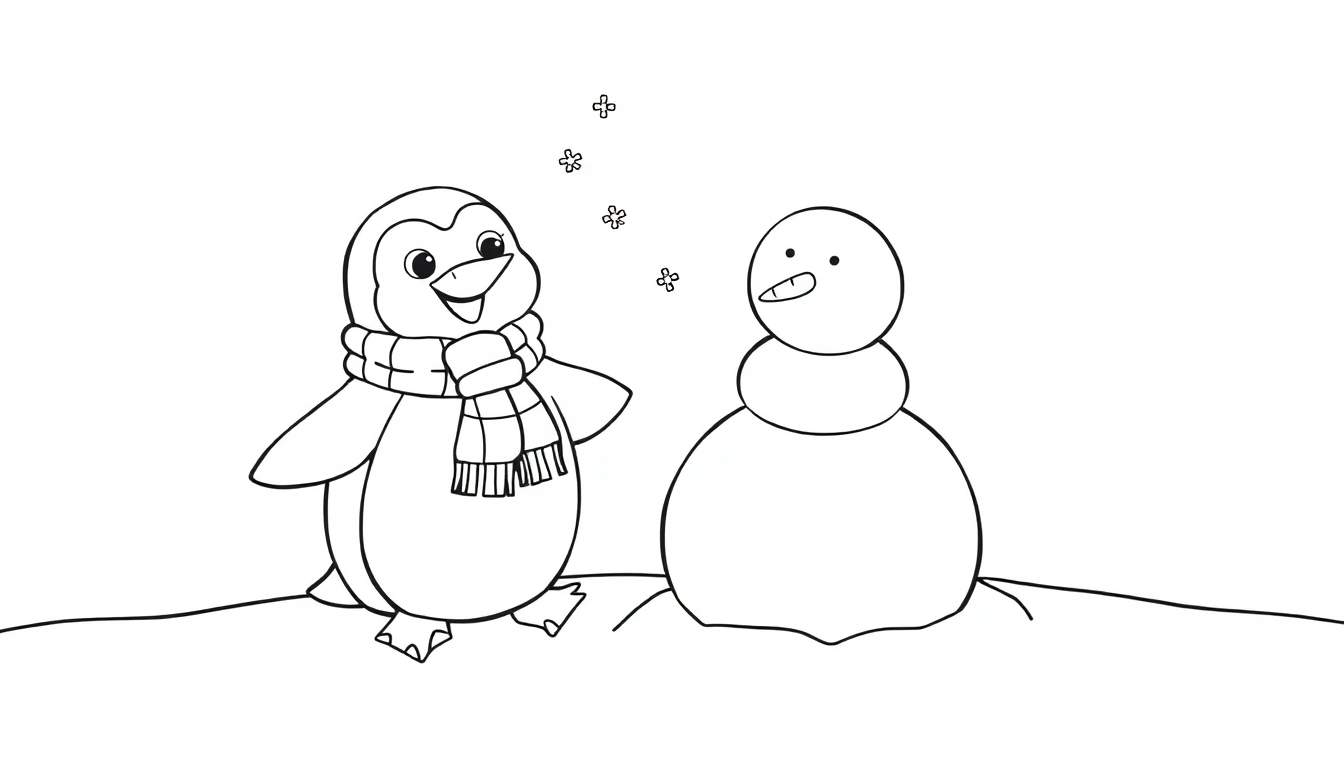 Un pingüino sonriente con bufanda a cuadros y un muñeco de nieve simple sobre un fondo blanco con copos de nieve, para colorear en la placa de color.