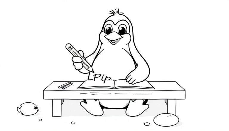 Un pingüino escribiendo 'Pip' en un libro con un lápiz, con lápices adicionales, un pez y una piedra en un escritorio. Placa de color.