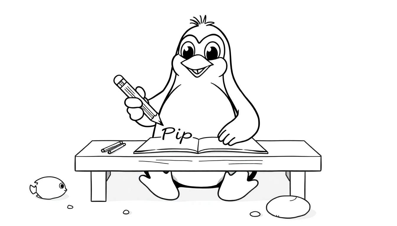 Un pingüino escribiendo 'Pip' en un libro con un lápiz, con lápices adicionales, un pez y una piedra en un escritorio. Placa de color.
