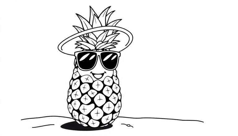 Una piña sonriente con gafas de sol y un sombrero de playa, lista para colorear en blanco y negro, mostrando la placa de color.