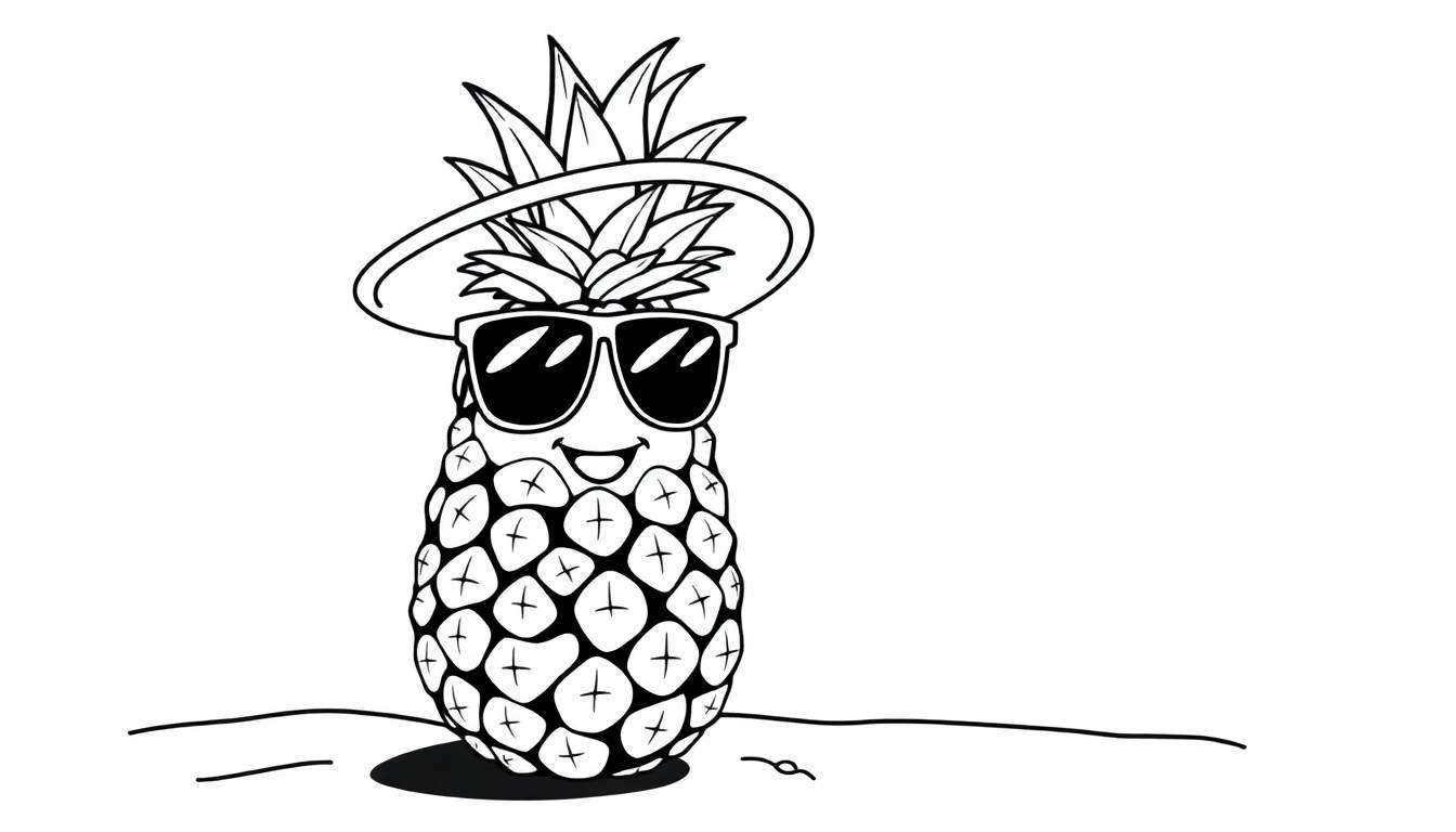 Una piña sonriente con gafas de sol y un sombrero de playa, lista para colorear en blanco y negro, mostrando la placa de color.