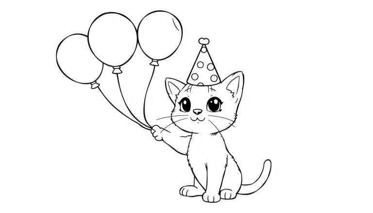 Un gatito con sombrero de fiesta y globos, listo para colorear en una placa.