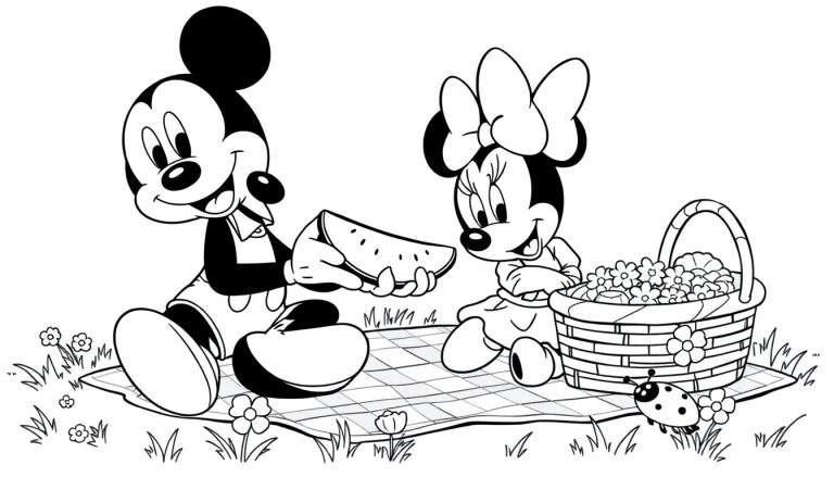Placa para colorear de Mickey y Minnie Mouse disfrutando de un picnic, con Mickey ofreciendo sandía a Minnie junto a una canasta de picnic.