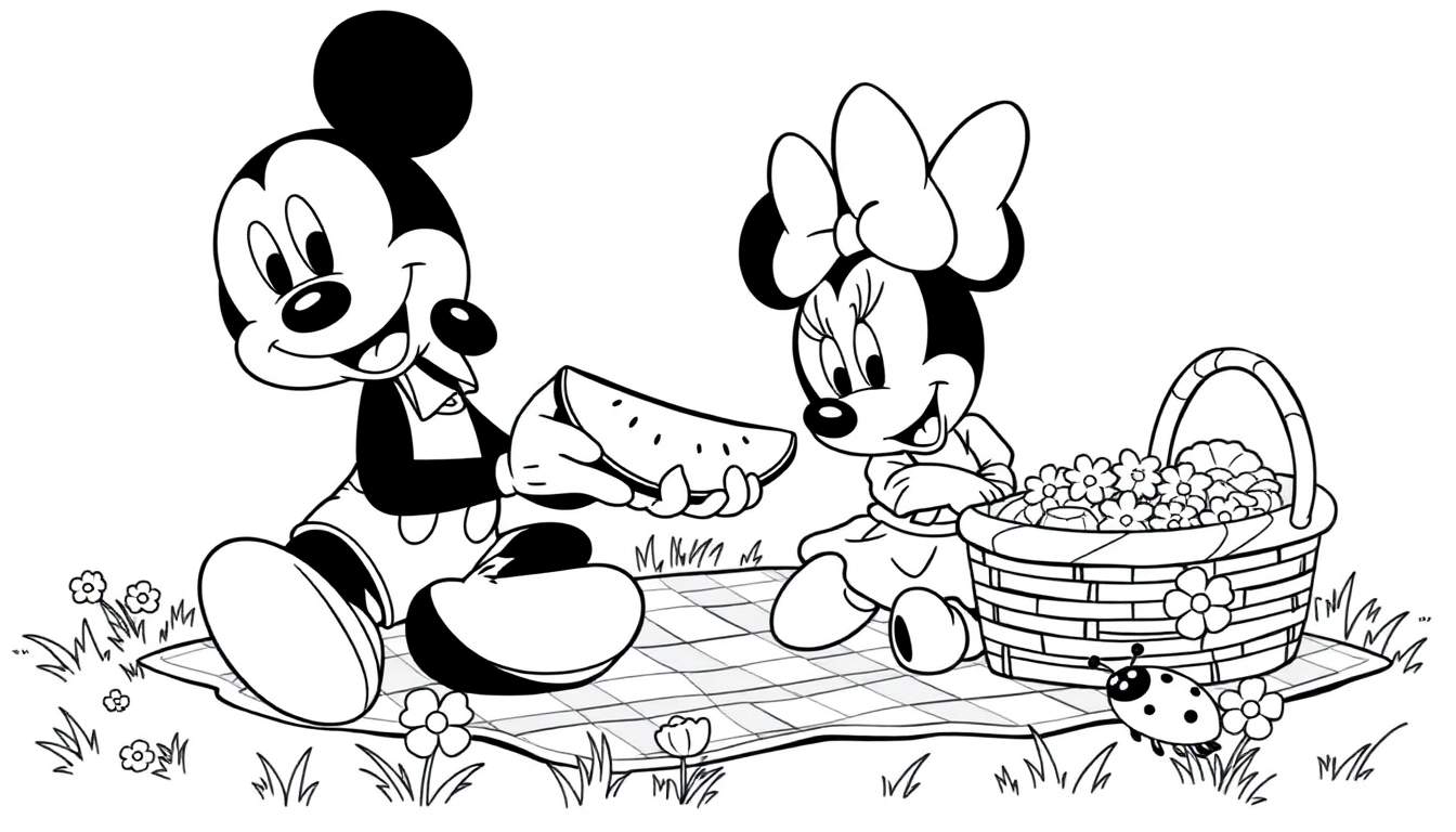 Placa para colorear de Mickey y Minnie Mouse disfrutando de un picnic, con Mickey ofreciendo sandía a Minnie junto a una canasta de picnic.
