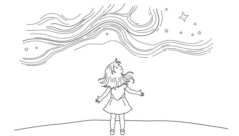 Placa de color en blanco y negro de una niña mirando la aurora boreal con estrellas.