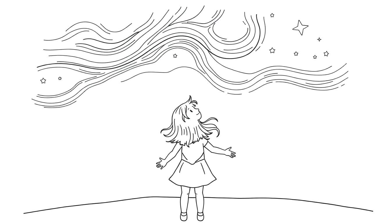 Placa de color en blanco y negro de una niña mirando la aurora boreal con estrellas.