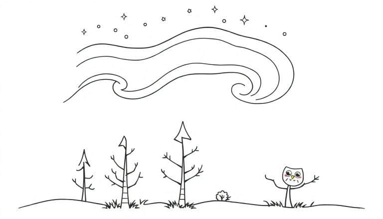Página para colorear de una aurora boreal amigable con estrellas y un búho saludando, en blanco y negro.