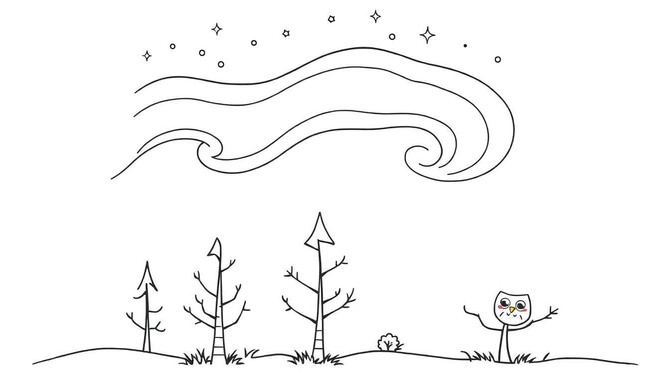 Página para colorear de una aurora boreal amigable con estrellas y un búho saludando, en blanco y negro.