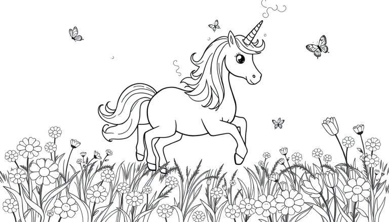 Placa de color de un unicornio saltando en un campo de flores con mariposas.