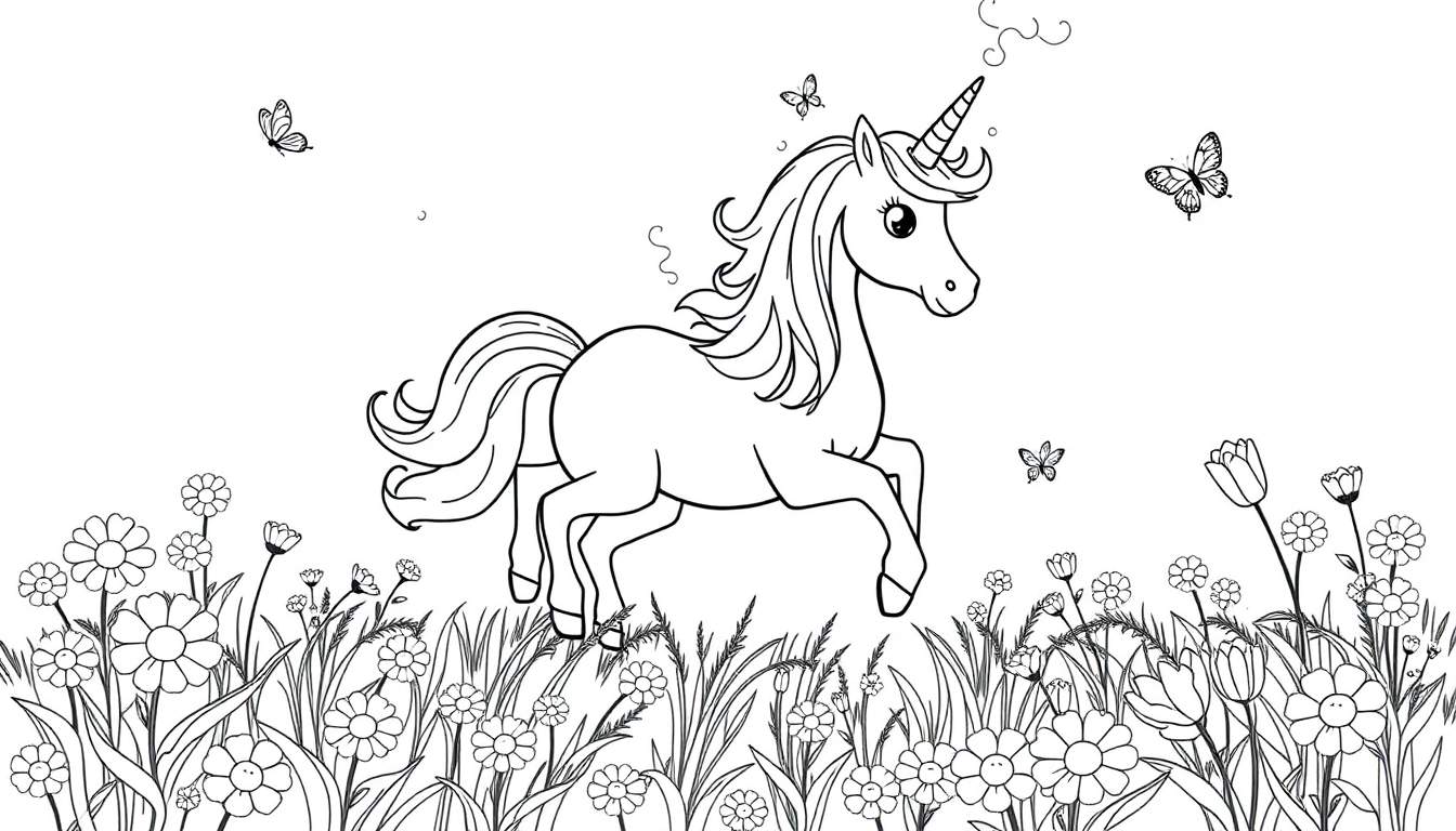 Placa de color de un unicornio saltando en un campo de flores con mariposas.