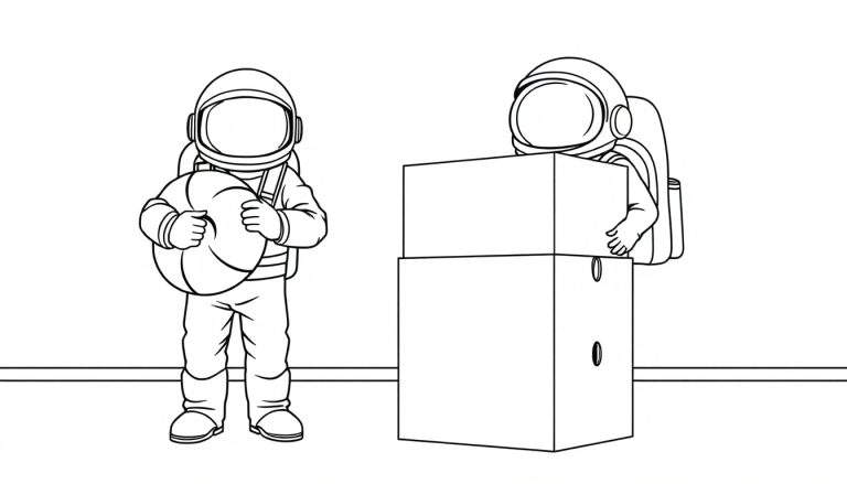 Dos astronautas de Among Us, uno con un flotador y otro con cajas, listos para dar color a esta placa.