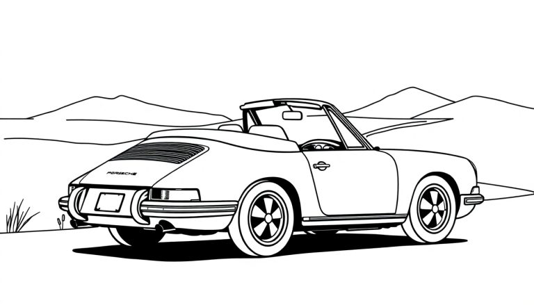 Un adorable coche deportivo Porsche descapotable para colorear, listo para la aventura, con la palabra PORSCHE grabada en la parte trasera y un paisaje de montaña al fondo.