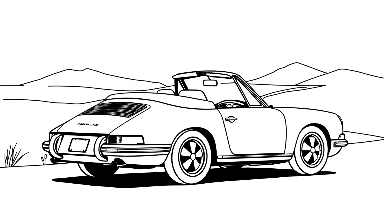 Un adorable coche deportivo Porsche descapotable para colorear, listo para la aventura, con la palabra PORSCHE grabada en la parte trasera y un paisaje de montaña al fondo.