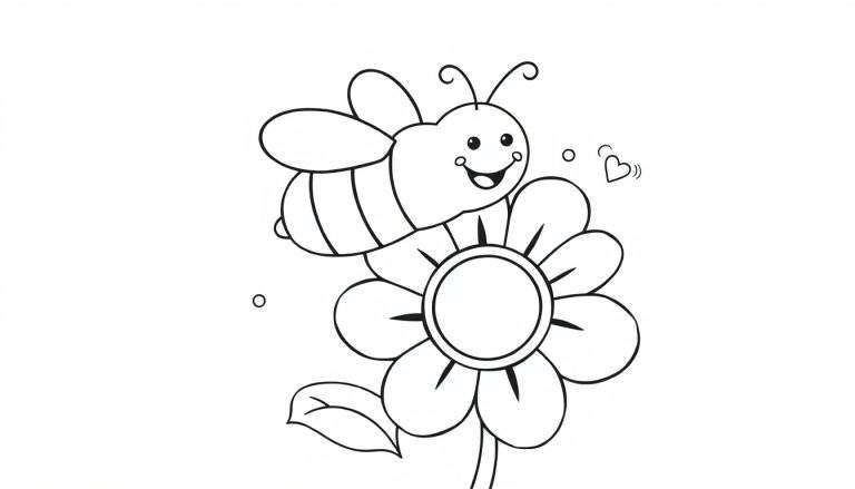 Placa de color de una abeja sonriente sobre una flor con corazones.