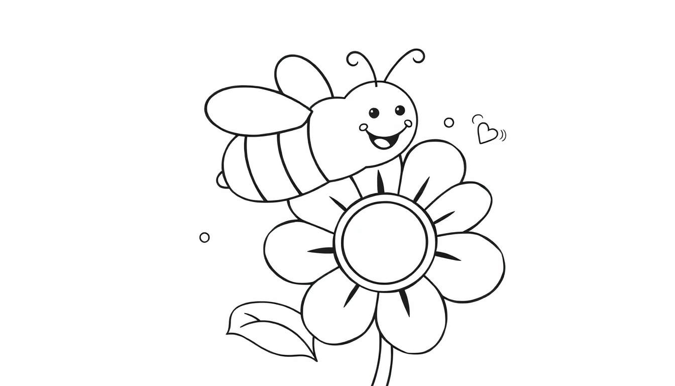 Placa de color de una abeja sonriente sobre una flor con corazones.