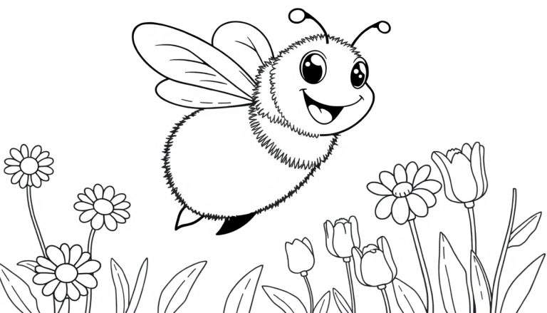 Placa de color de una abeja sonriente volando sobre flores de primavera.