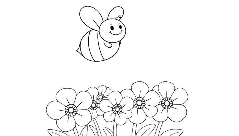 Placa de color de una abeja amigable volando entre flores.
