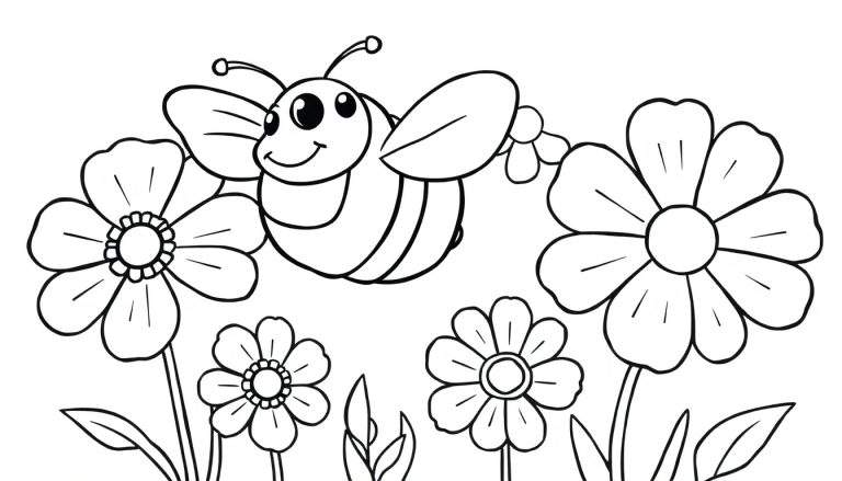 Placa de color con una abeja sonriente y flores.