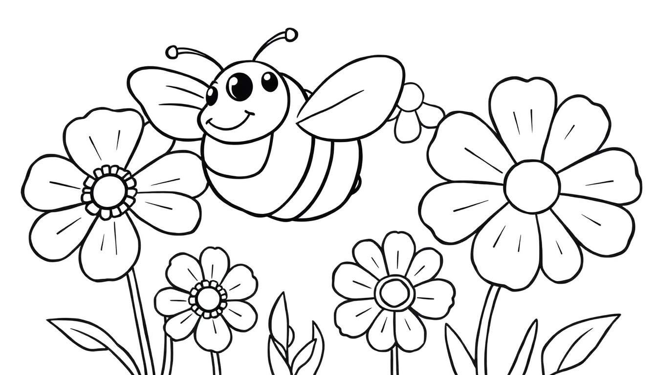 Placa de color con una abeja sonriente y flores.
