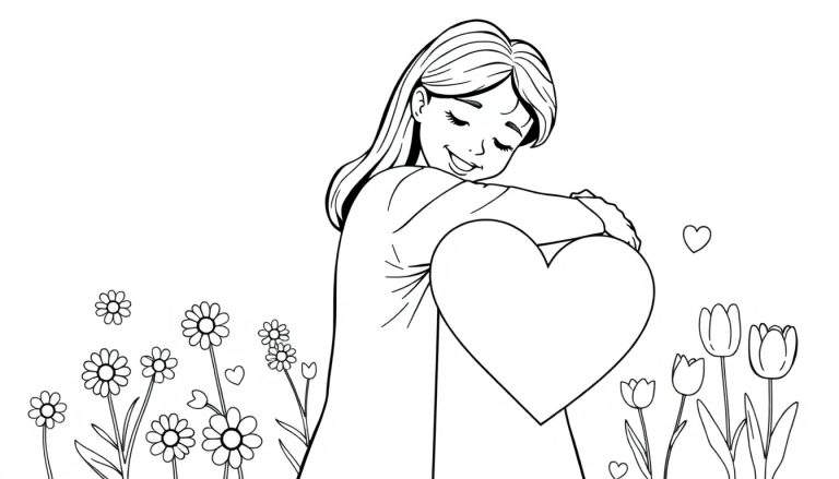 Placa de color de una niña abrazando un corazón con flores.