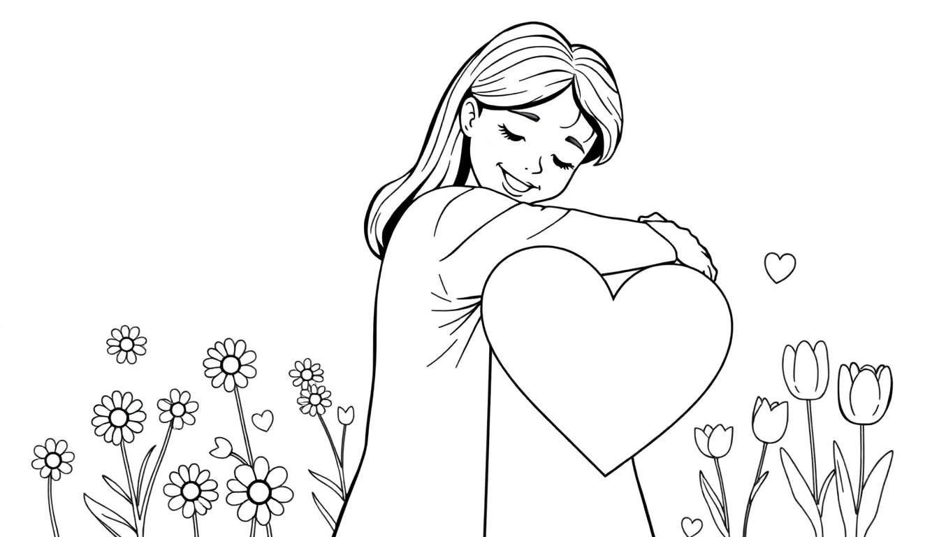 Placa de color de una niña abrazando un corazón con flores.