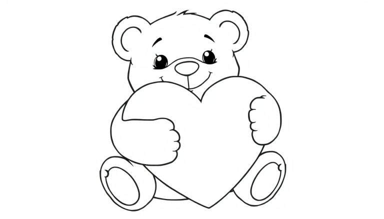 Placa de color: un oso de peluche abrazando un corazón grande.