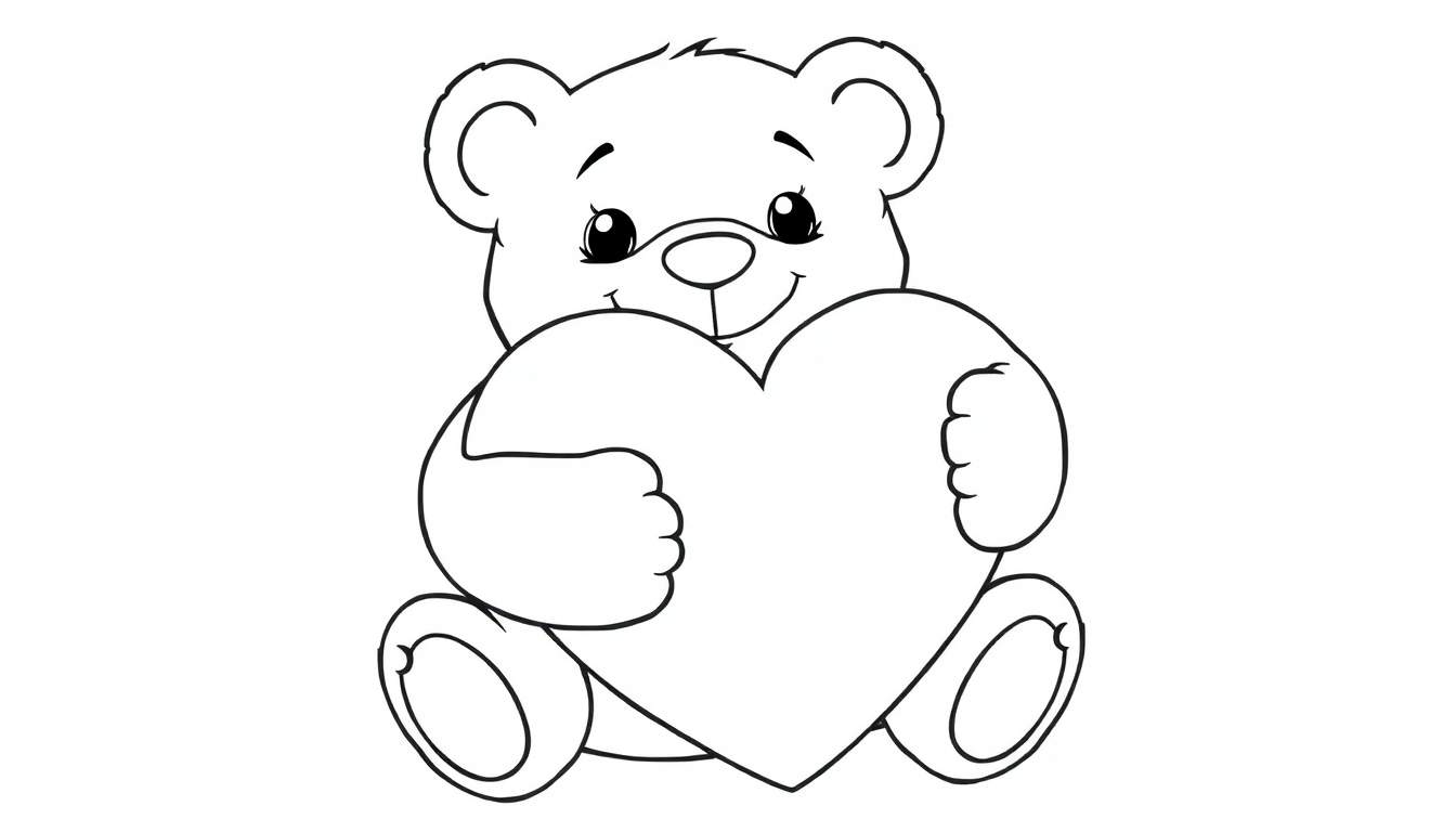 Placa de color: un oso de peluche abrazando un corazón grande.