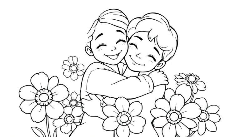Placa de color de un niño abrazando a su mamá rodeado de flores.