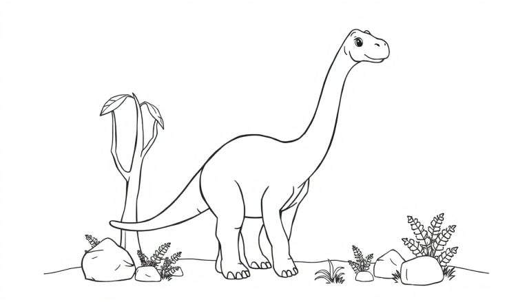 Placa de color de un dinosaurio herbívoro de cuello largo sonriente en un paisaje con rocas y un árbol.