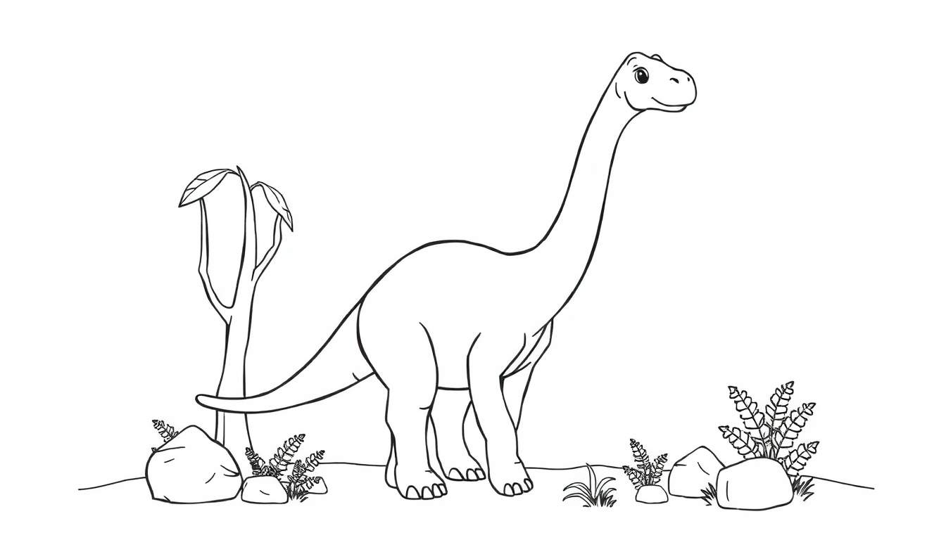 Placa de color de un dinosaurio herbívoro de cuello largo sonriente en un paisaje con rocas y un árbol.