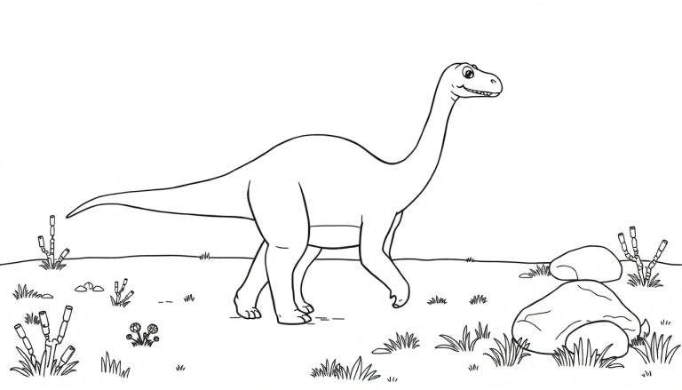 Placa de color de un Diplodocus sonriente en un paisaje prehistórico.