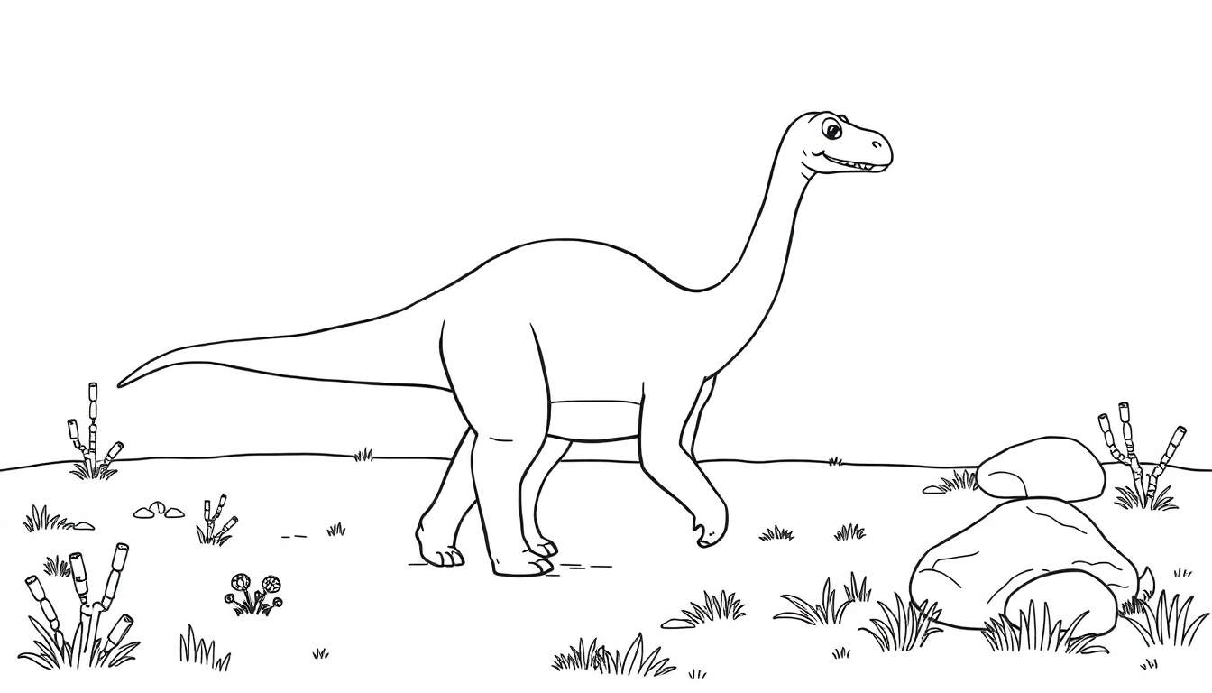 Placa de color de un Diplodocus sonriente en un paisaje prehistórico.
