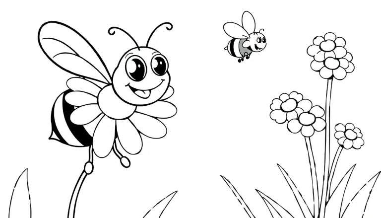 Placa de color de una abeja grande sonriente en una flor y una abeja pequeña volando hacia flores.