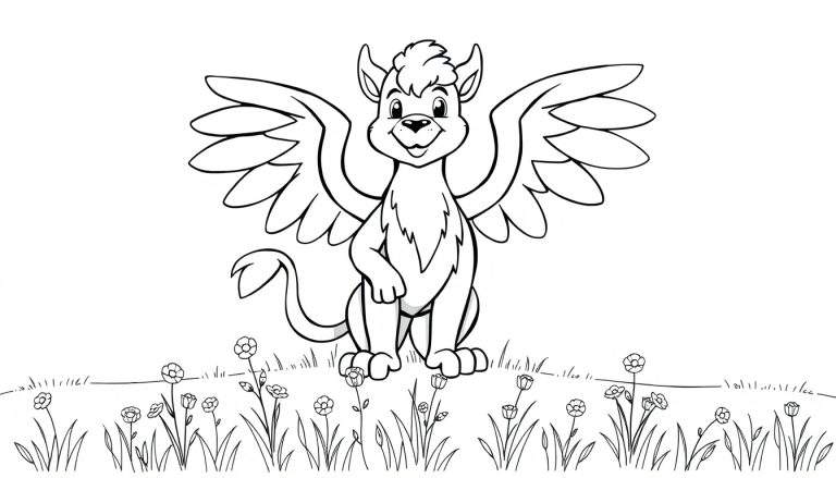 Placa de color: grifo amigable en un campo de flores.