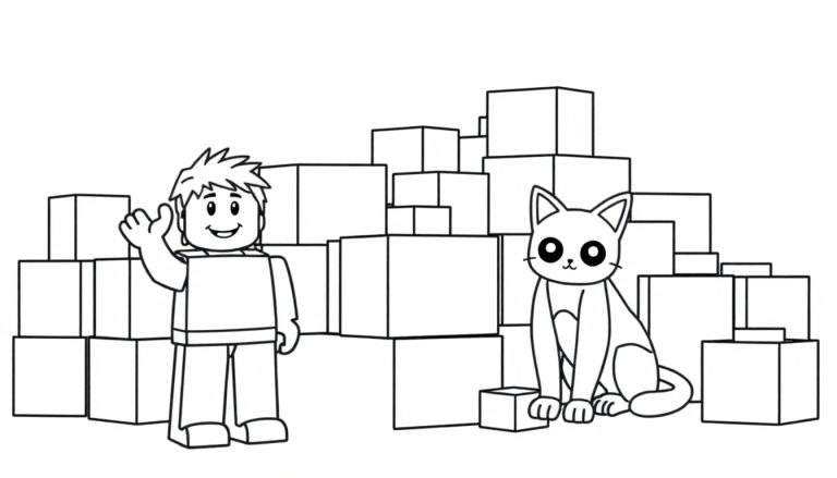 Una página para colorear con un personaje de Roblox amigable, bloques para construir y un gato robot, todo en blanco y negro para colorear.