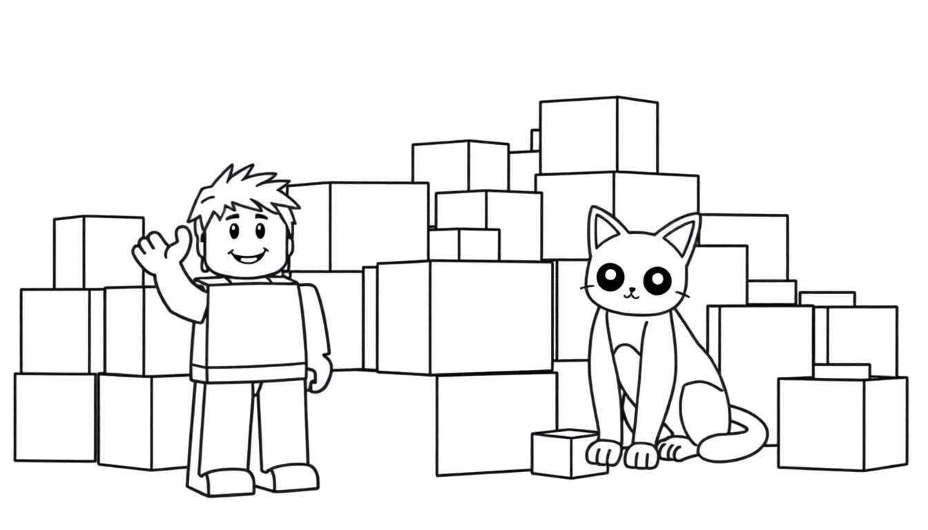 Una página para colorear con un personaje de Roblox amigable, bloques para construir y un gato robot, todo en blanco y negro para colorear.