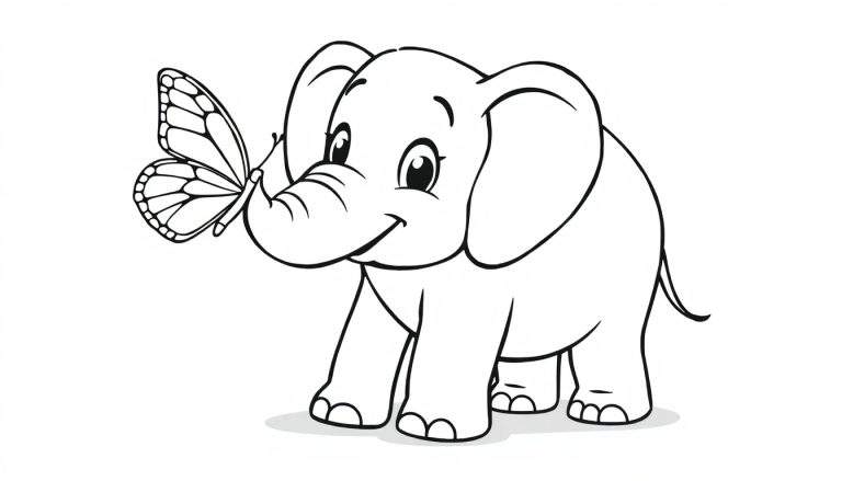 Placa de color: un elefante bebé sonriente con una mariposa en su trompa.